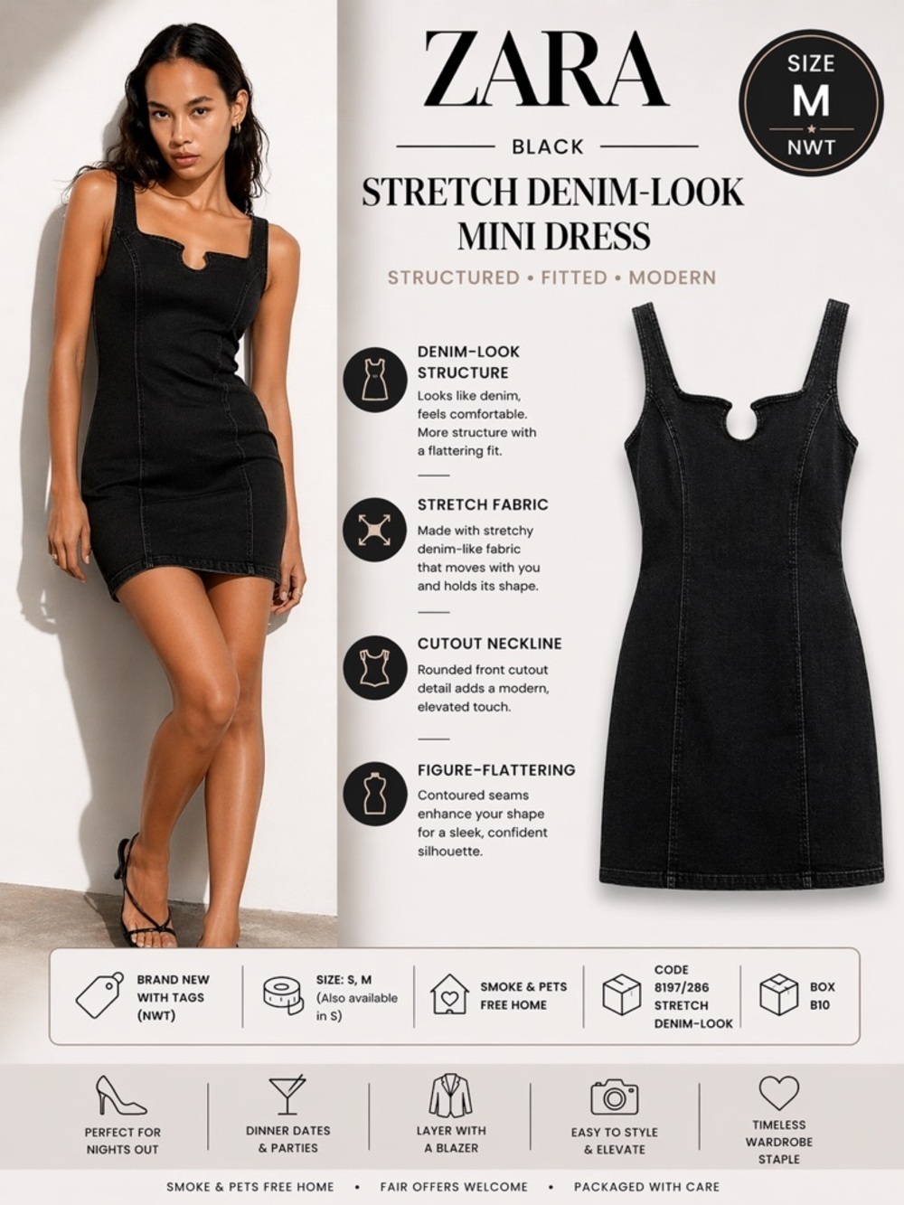 ZARA Black Stretch Denim-Look Mini Dress NWT Sizes S & M